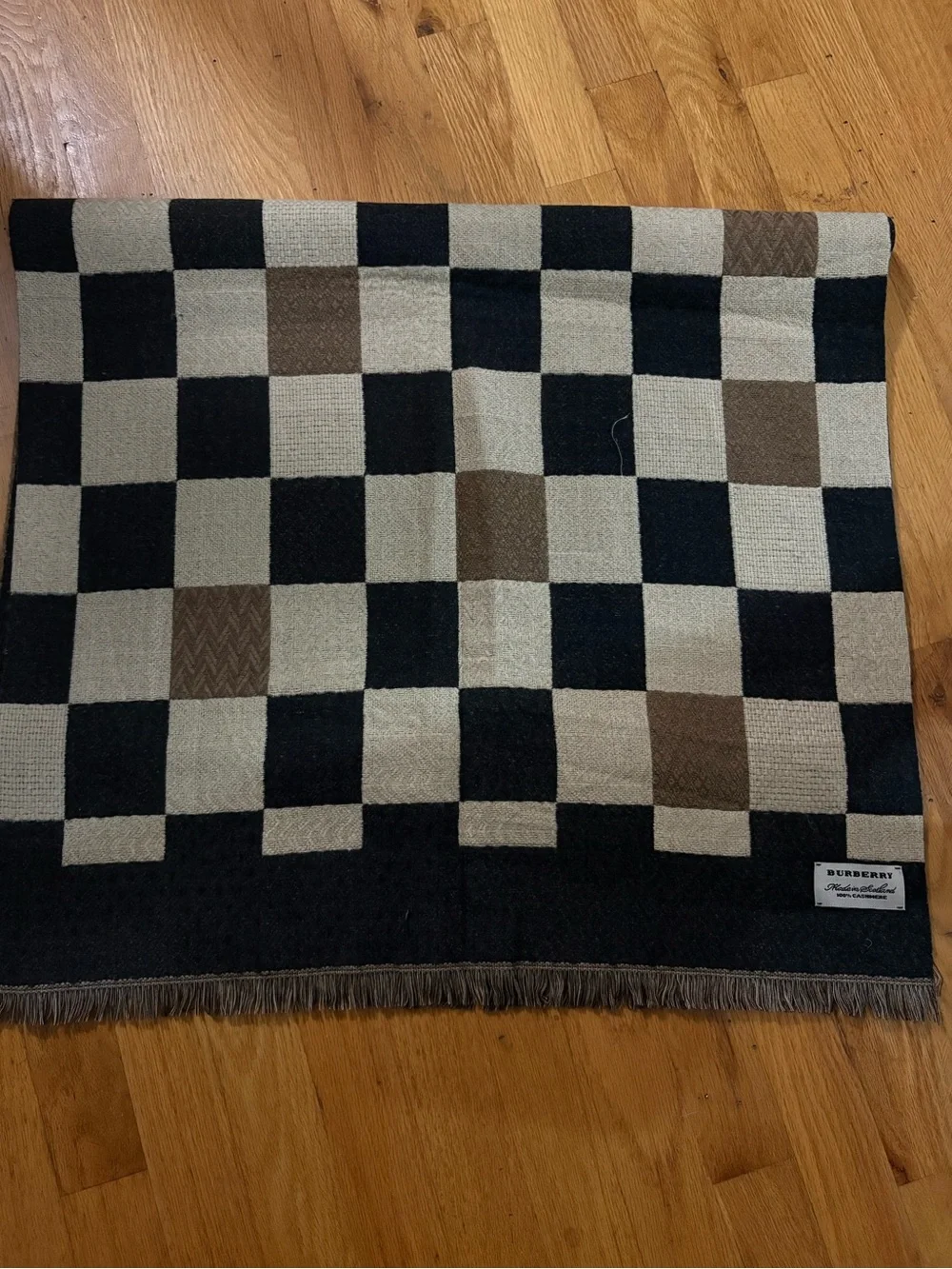 Burberry Checkerboard Wool Throw in Black, Cream & Brown